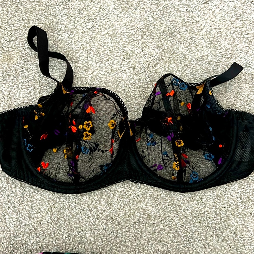 Freya Bra & Panty set. Black with flowers matching panties (never worn)